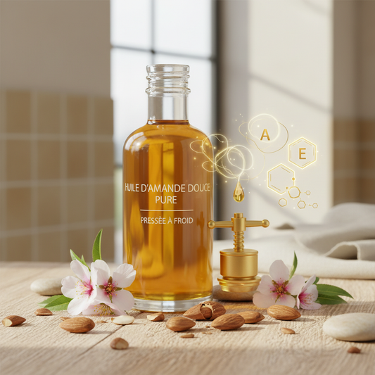  Huile pure d'Amande douce obtenue par pression à froid des graines de l'arbre Prunus amygdalus dulcis, un processus qui préserve les vertus de ce précieux produit etses principes actifs, tels que les acides gras, la vitamine A et la vitamine E